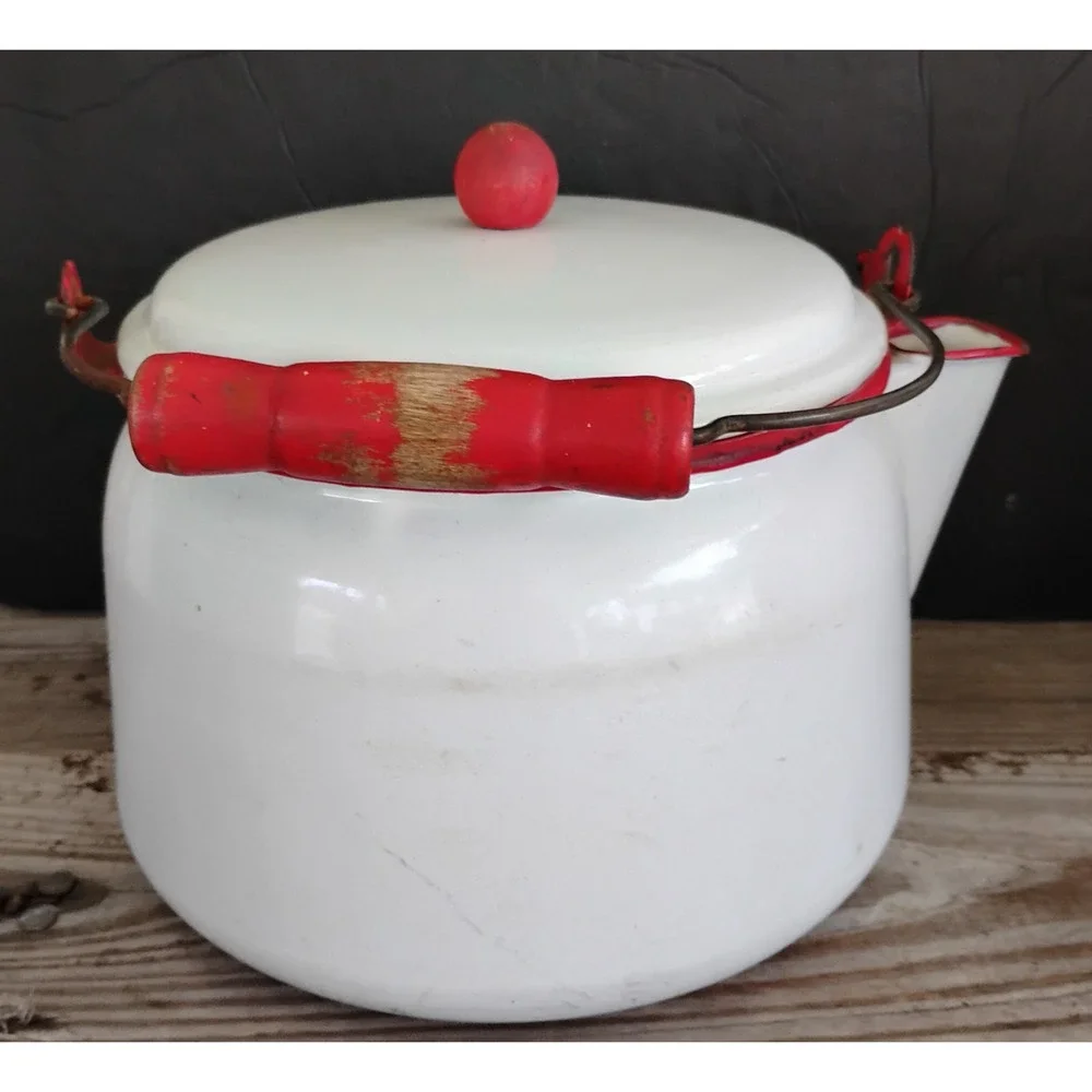 🏕️🚙Enamelware Kettle Coffee Pot White Red Wood Handle Farmhouse Camp Cowboy